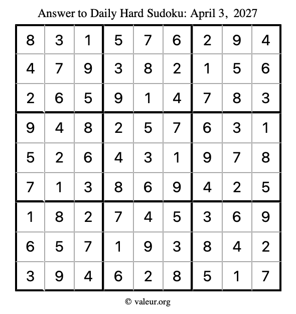 Answer to hard sudoku April 3, 2027