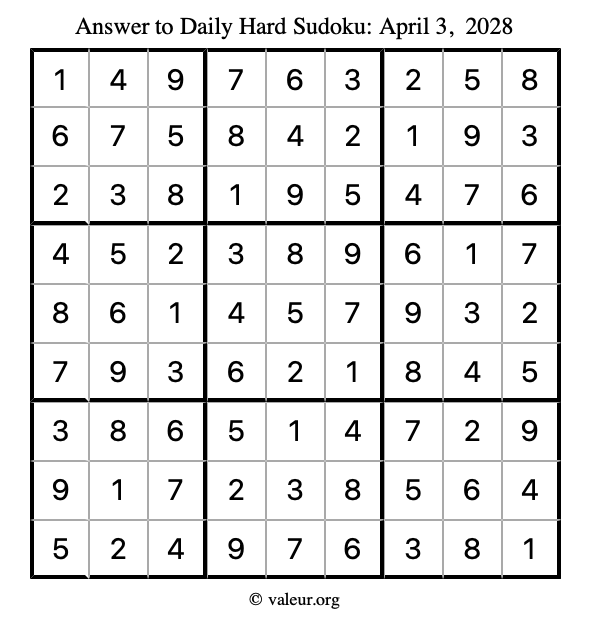Answer to hard sudoku April 3, 2028