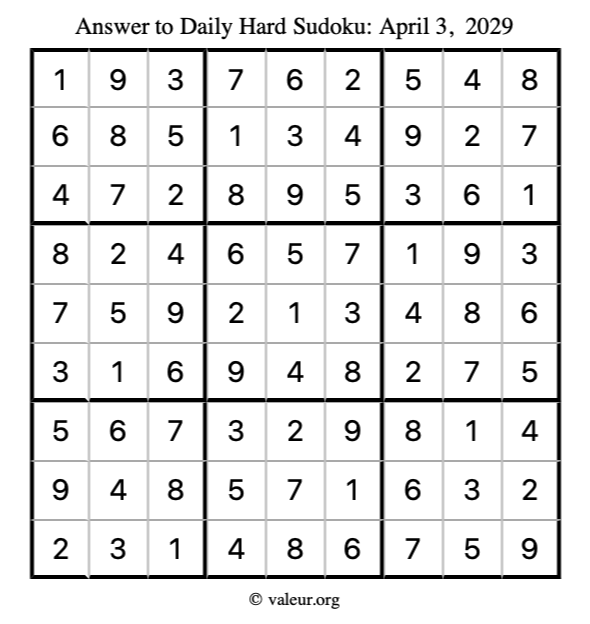 Answer to hard sudoku April 3, 2029