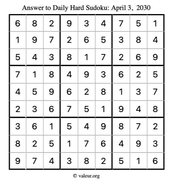 Answer to hard sudoku April 3, 2030