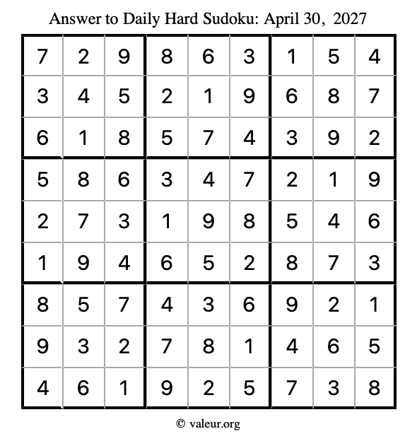Answer to hard sudoku April 30, 2027