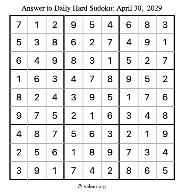 Answer to hard sudoku April 30, 2029