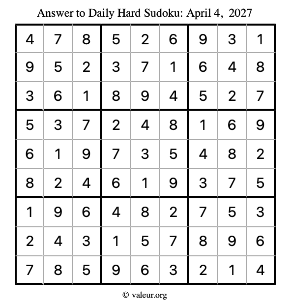 Answer to hard sudoku April 4, 2027