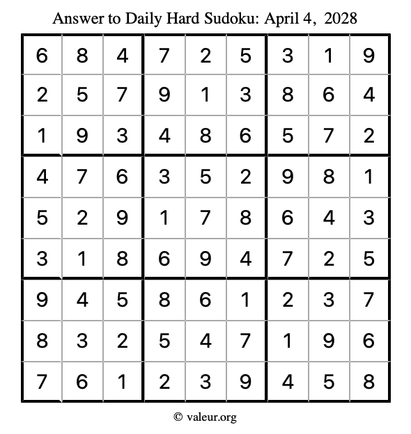 Answer to hard sudoku April 4, 2028