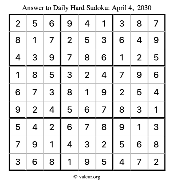 Answer to hard sudoku April 4, 2030