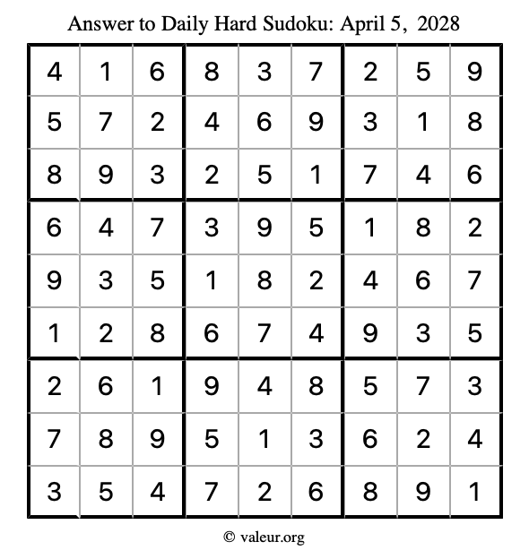 Answer to hard sudoku April 5, 2028