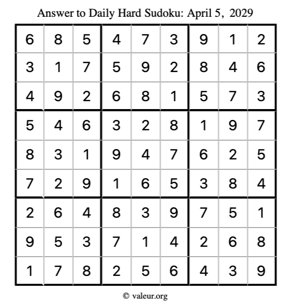 Answer to hard sudoku April 5, 2029