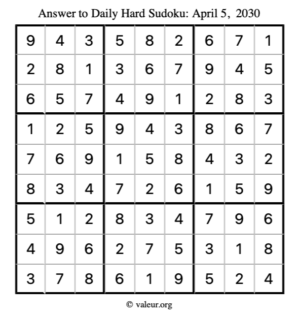 Answer to hard sudoku April 5, 2030