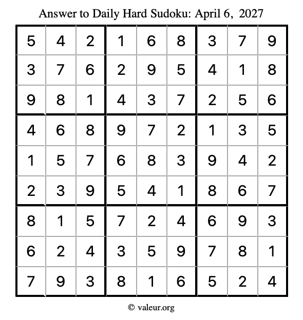 Answer to hard sudoku April 6, 2027