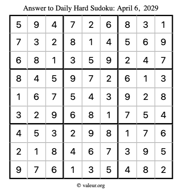 Answer to hard sudoku April 6, 2029