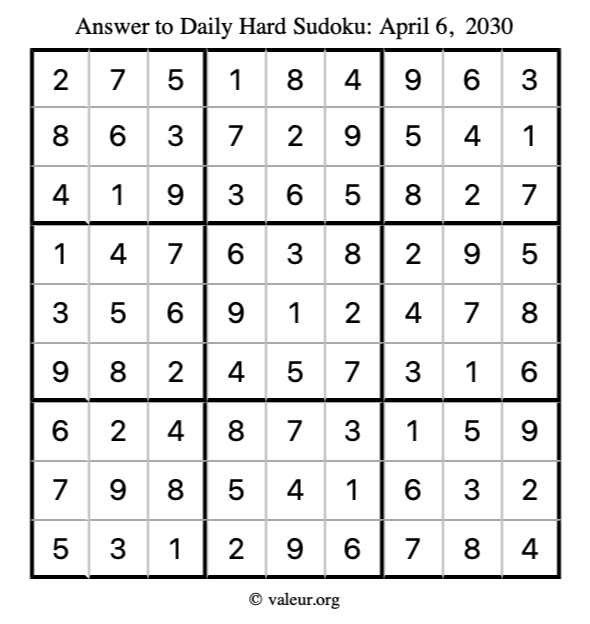 Answer to hard sudoku April 6, 2030