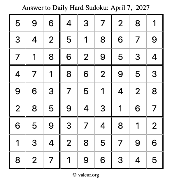 Answer to hard sudoku April 7, 2027