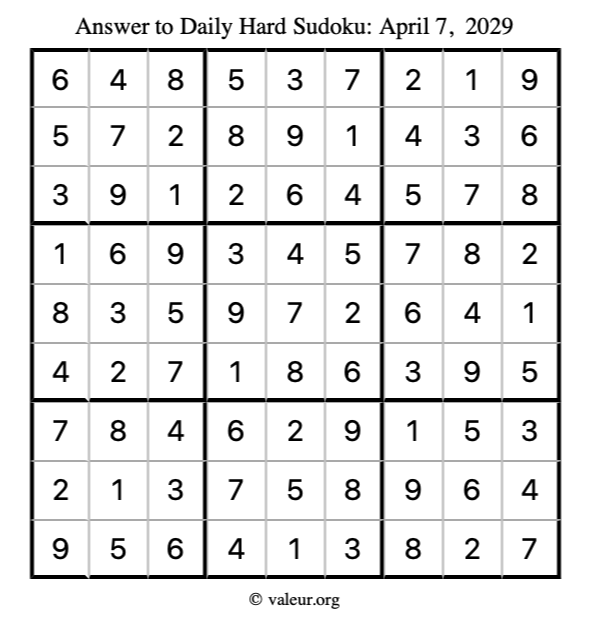 Answer to hard sudoku April 7, 2029