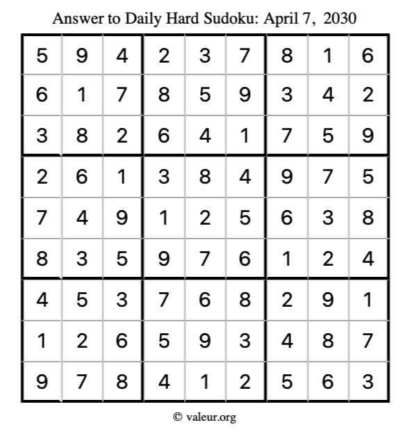 Answer to hard sudoku April 7, 2030