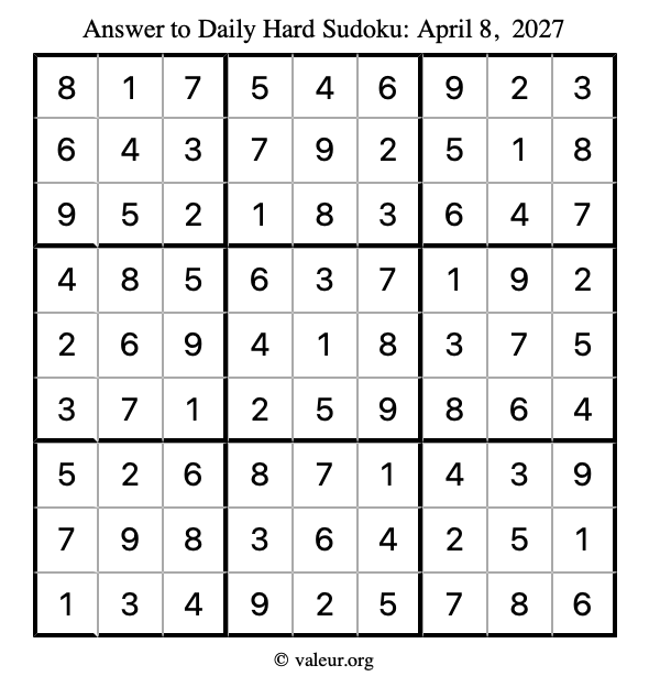 Answer to hard sudoku April 8, 2027