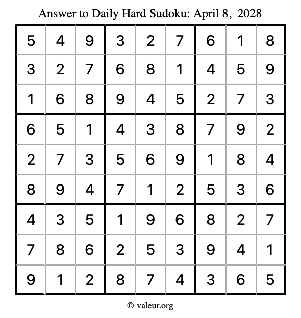 Answer to hard sudoku April 8, 2028