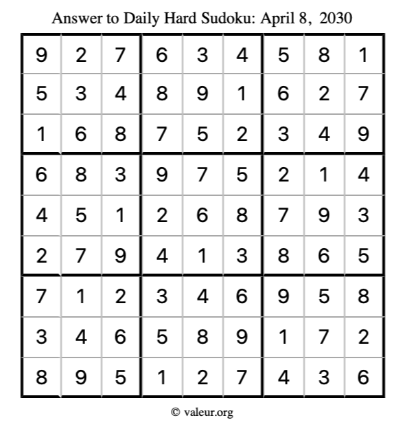 Answer to hard sudoku April 8, 2030