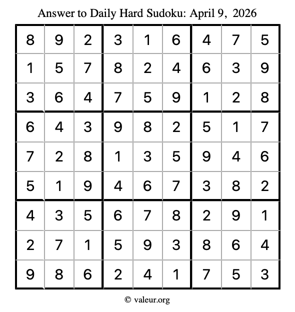 Answer to hard sudoku April 9, 2026