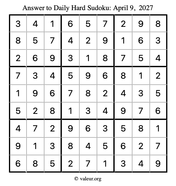 Answer to hard sudoku April 9, 2027