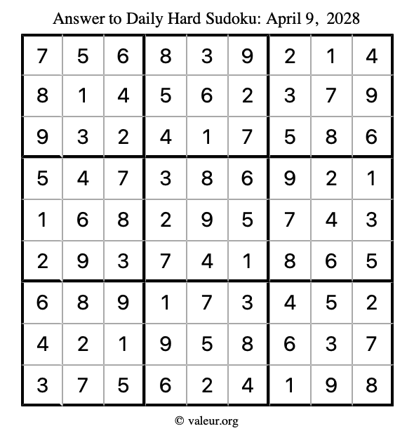 Answer to hard sudoku April 9, 2028