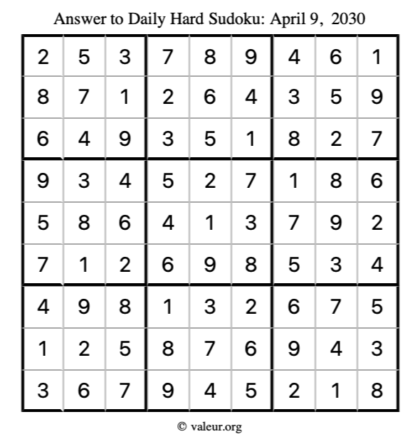 Answer to hard sudoku April 9, 2030