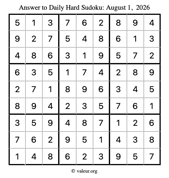 Answer to hard sudoku August 1, 2026