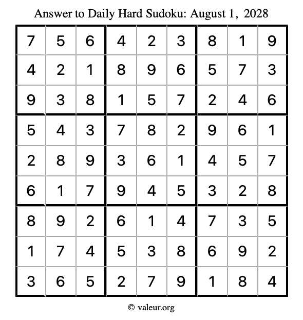 Answer to hard sudoku August 1, 2028