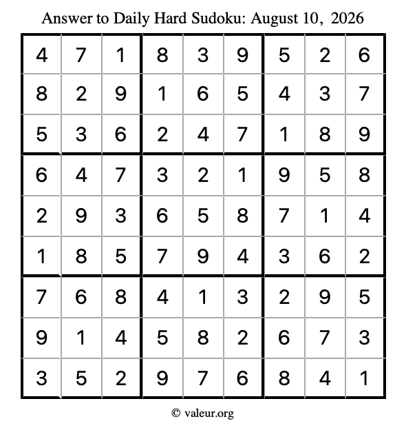 Answer to hard sudoku August 10, 2026