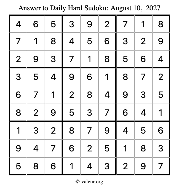 Answer to hard sudoku August 10, 2027