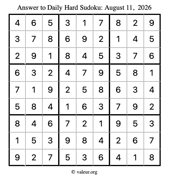 Answer to hard sudoku August 11, 2026
