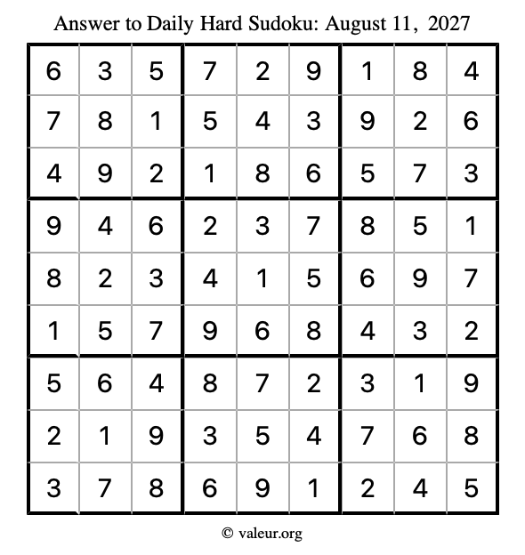Answer to hard sudoku August 11, 2027