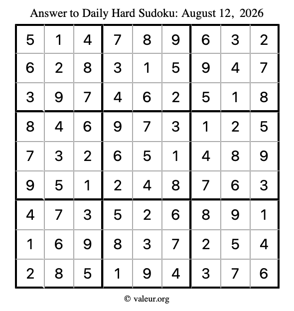 Answer to hard sudoku August 12, 2026