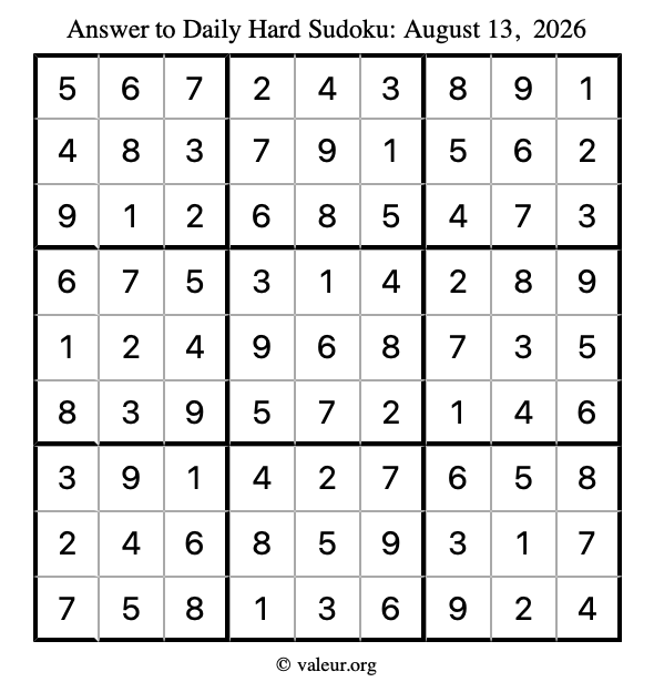 Answer to hard sudoku August 13, 2026