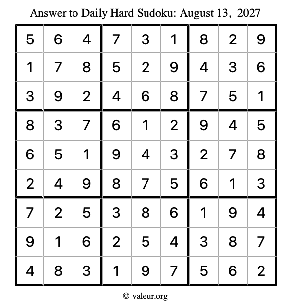 Answer to hard sudoku August 13, 2027