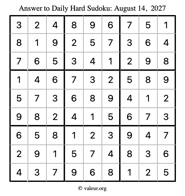 Answer to hard sudoku August 14, 2027