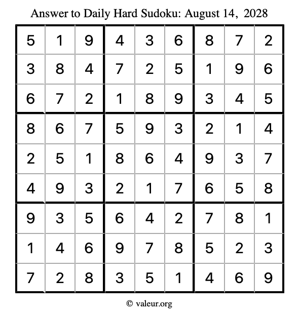 Answer to hard sudoku August 14, 2028