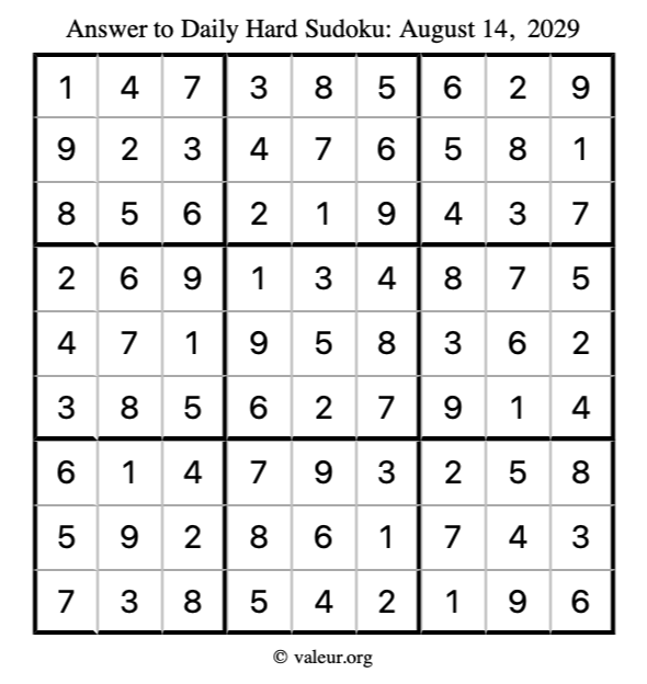 Answer to hard sudoku August 14, 2029