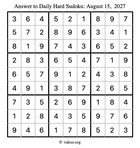 Answer to hard sudoku August 15, 2027