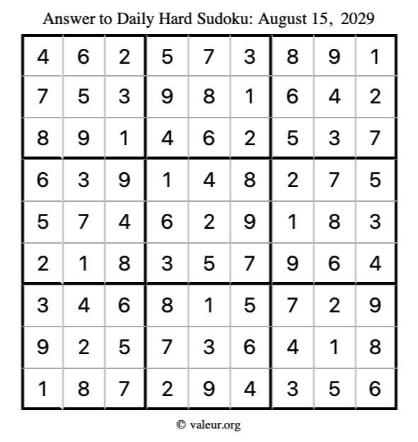 Answer to hard sudoku August 15, 2029