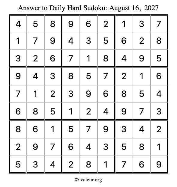 Answer to hard sudoku August 16, 2027