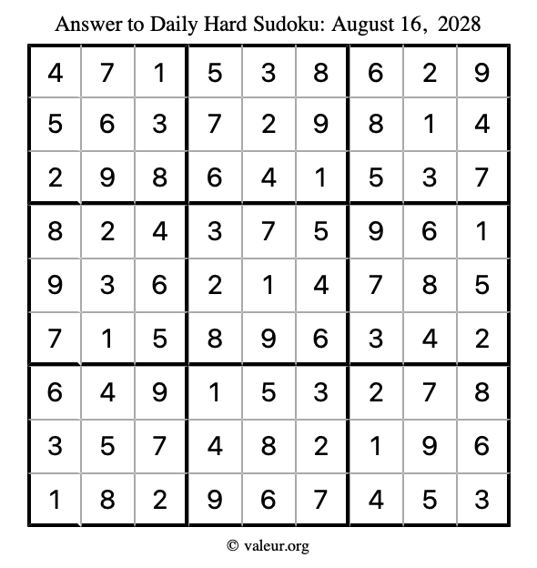 Answer to hard sudoku August 16, 2028