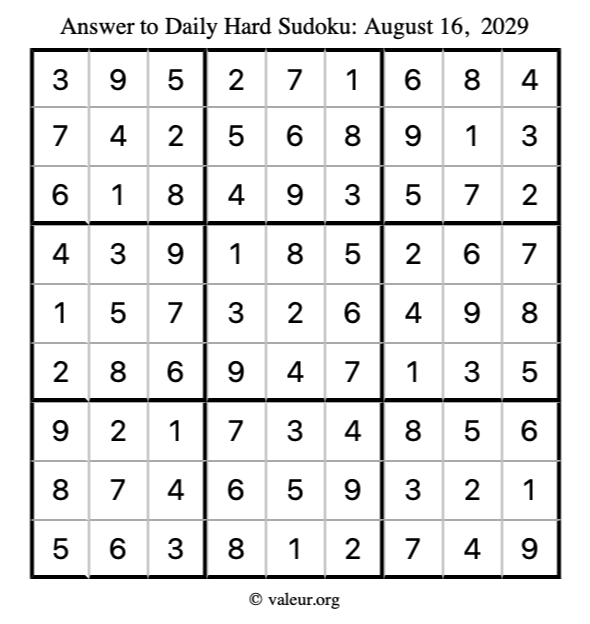 Answer to hard sudoku August 16, 2029