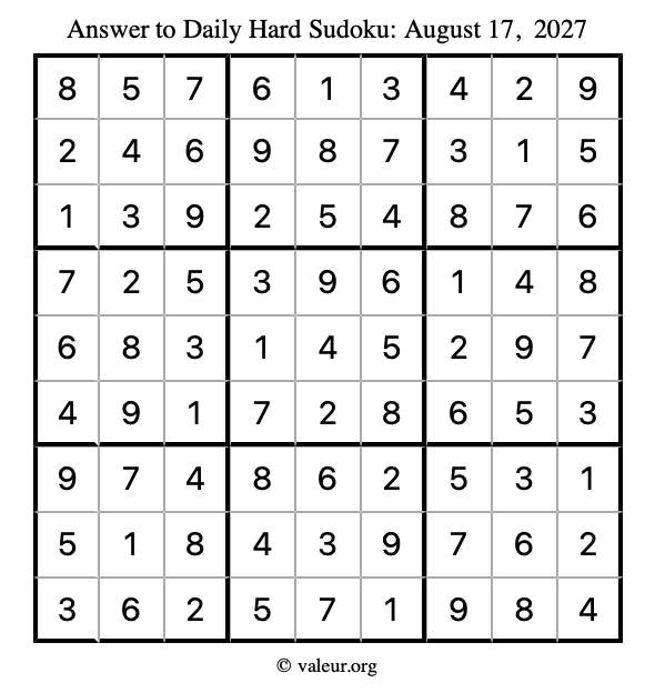 Answer to hard sudoku August 17, 2027