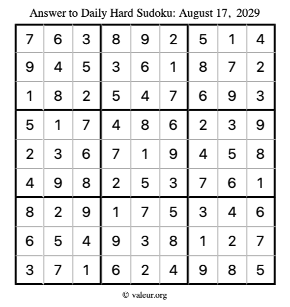Answer to hard sudoku August 17, 2029