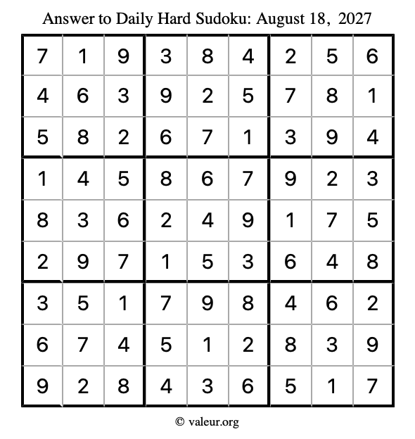Answer to hard sudoku August 18, 2027