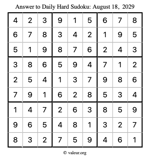 Answer to hard sudoku August 18, 2029