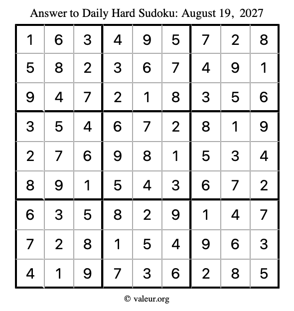 Answer to hard sudoku August 19, 2027