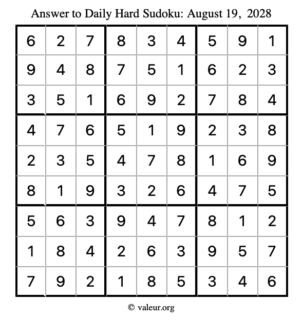 Answer to hard sudoku August 19, 2028
