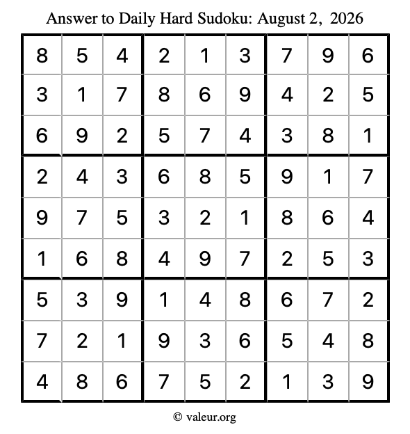 Answer to hard sudoku August 2, 2026