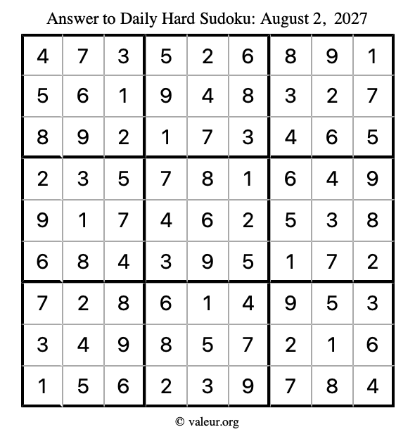 Answer to hard sudoku August 2, 2027
